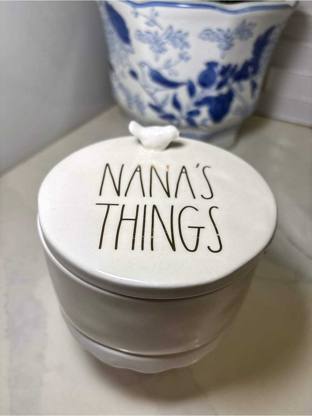 Rae Dunn "NANA'S THINGS" Ceramic Canister Bird Lid Handle New Small Keepsake Box
